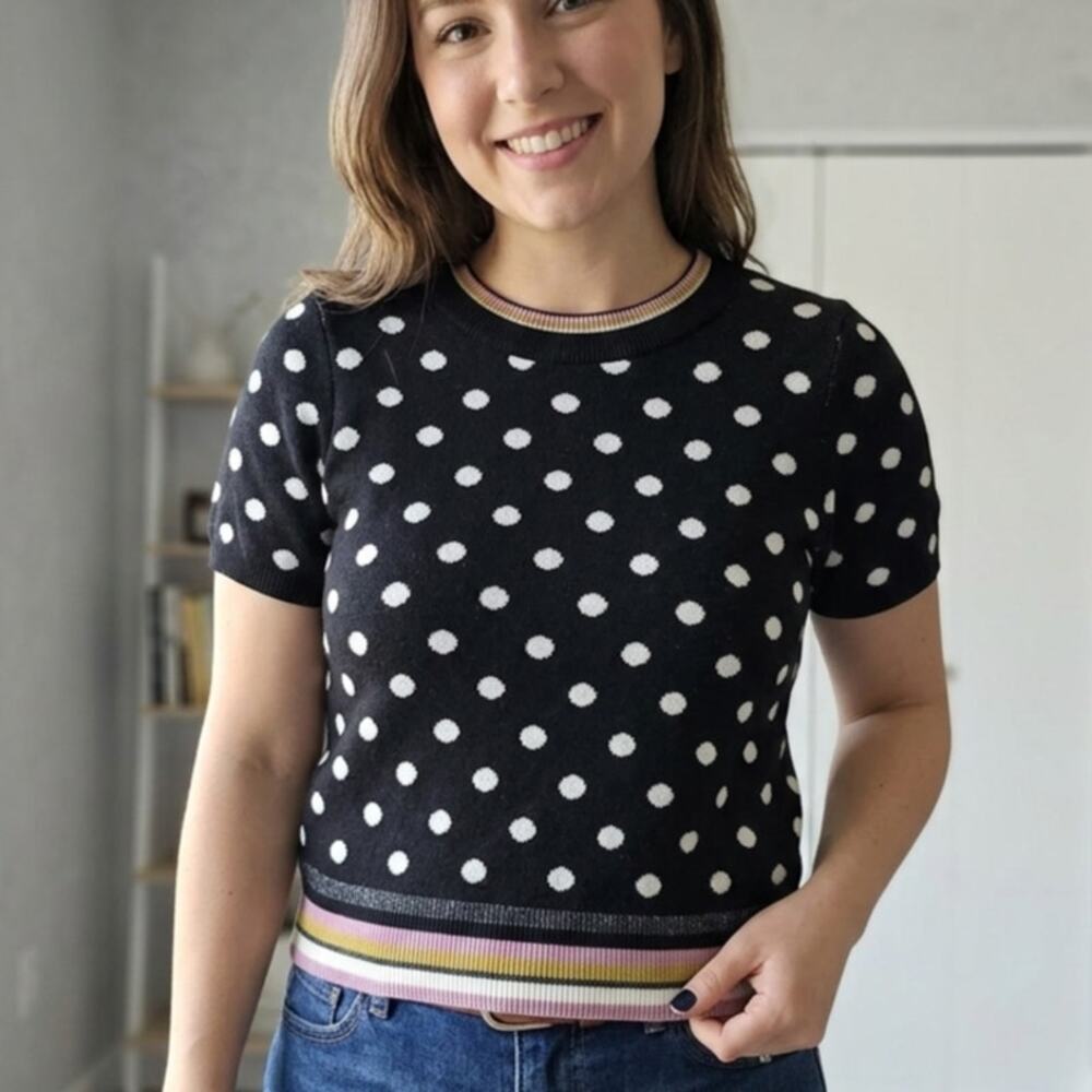 Moth Polka Dot Striped Hem‎ Short Sleeve Knit Sweater XS